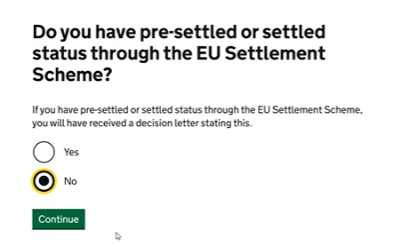 Câu hỏi về EU Settlement Scheme, chọn No
