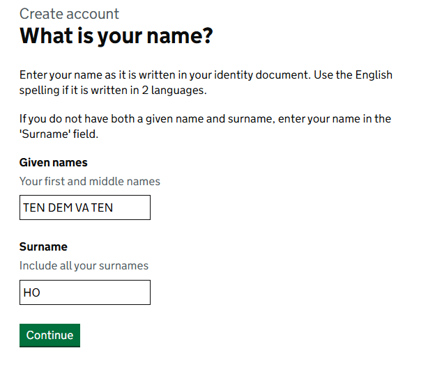Màn hình nhập họ tên với hai ô Given names và Surname