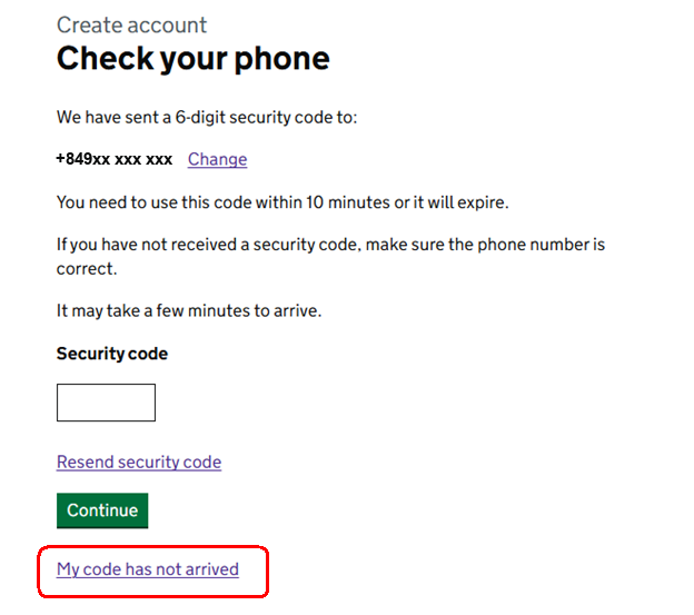 Màn hình Check your phone, có khoanh tròn liên kết My code has not arrived
