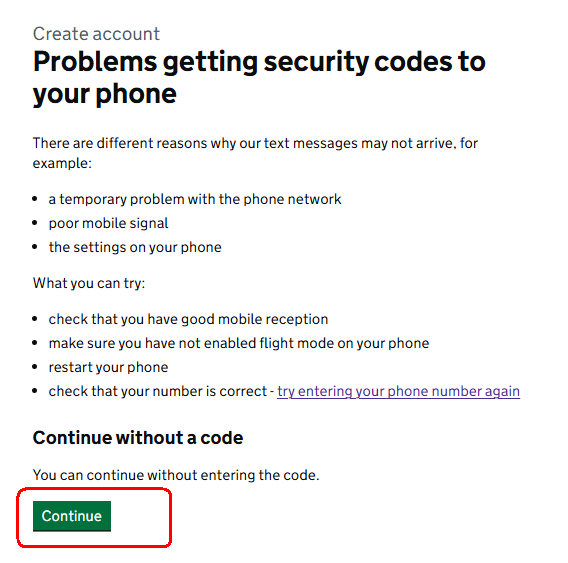 Màn hình Problems getting security codes với lựa chọn Continue without a code