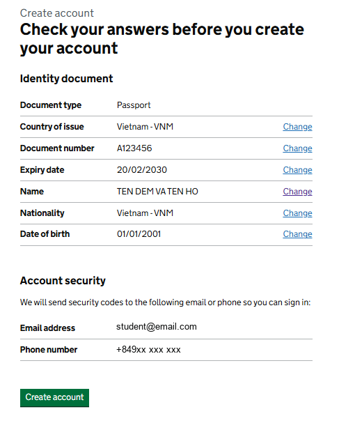 Màn hình tổng hợp Check your answers trước khi tạo tài khoản