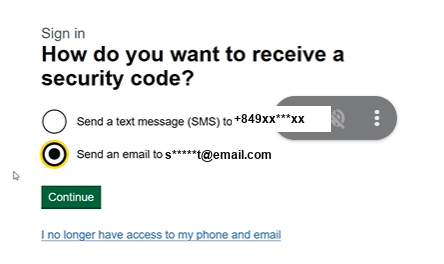 Chọn nhận mã bảo mật qua email